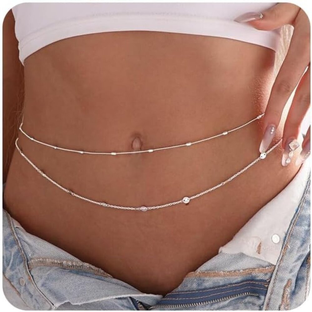 Silver Plated Waist Chain 14K Layered Pearl Belly Body Jewelry Adjustable Women
